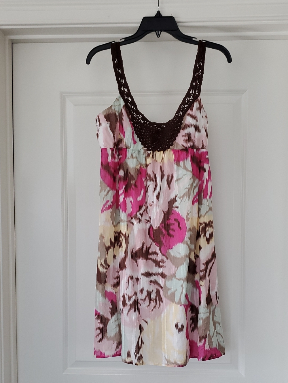 BCBG Floral Print Crochet-Trim Mini Dress in Brown, Pink, Cream